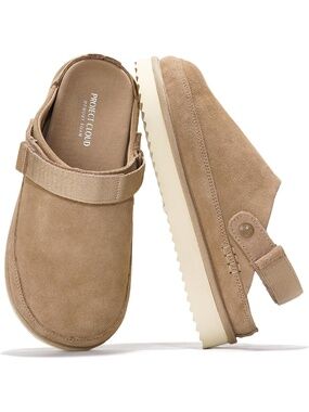 Women's Sand Suede Closed Toe Flat Goldstar Adjustable Strap Platform Clogs Mule